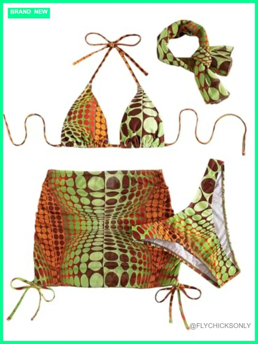 Women's 4 Piece Polka Dot Bikini Set with Cover Up Skirt & Bandana, Halter